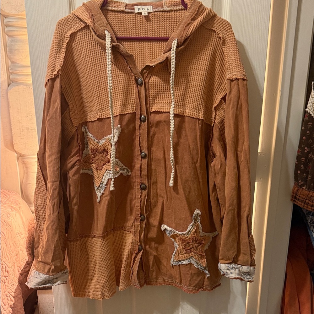 POL Women's Rust-Brown Hooded Button Jacket with Star Appliqués